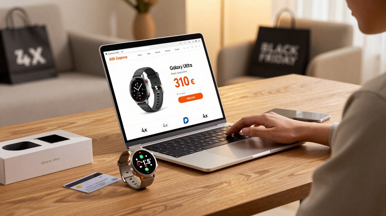 Pessoa a comprar um relógio Galaxy Ultra online num portátil, com o relógio e a caixa sobre a mesa de madeira.