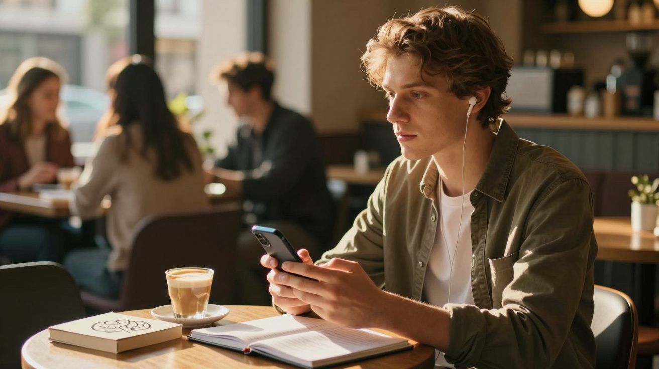 Jovem numa cafeteria a usar telemóvel, com caderno aberto e chá numa mesa em madeira clara.