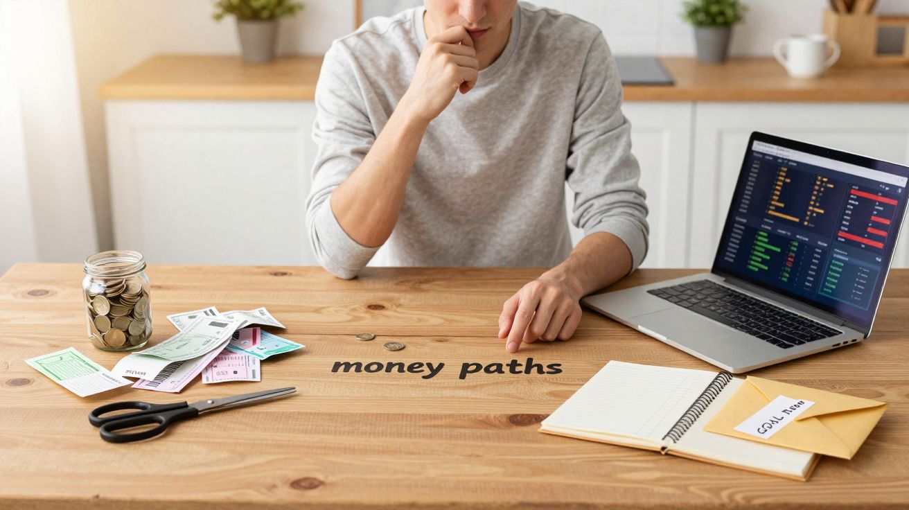 Homem a planear finanças com moedas, notas, computador e caderno numa mesa de madeira clara.