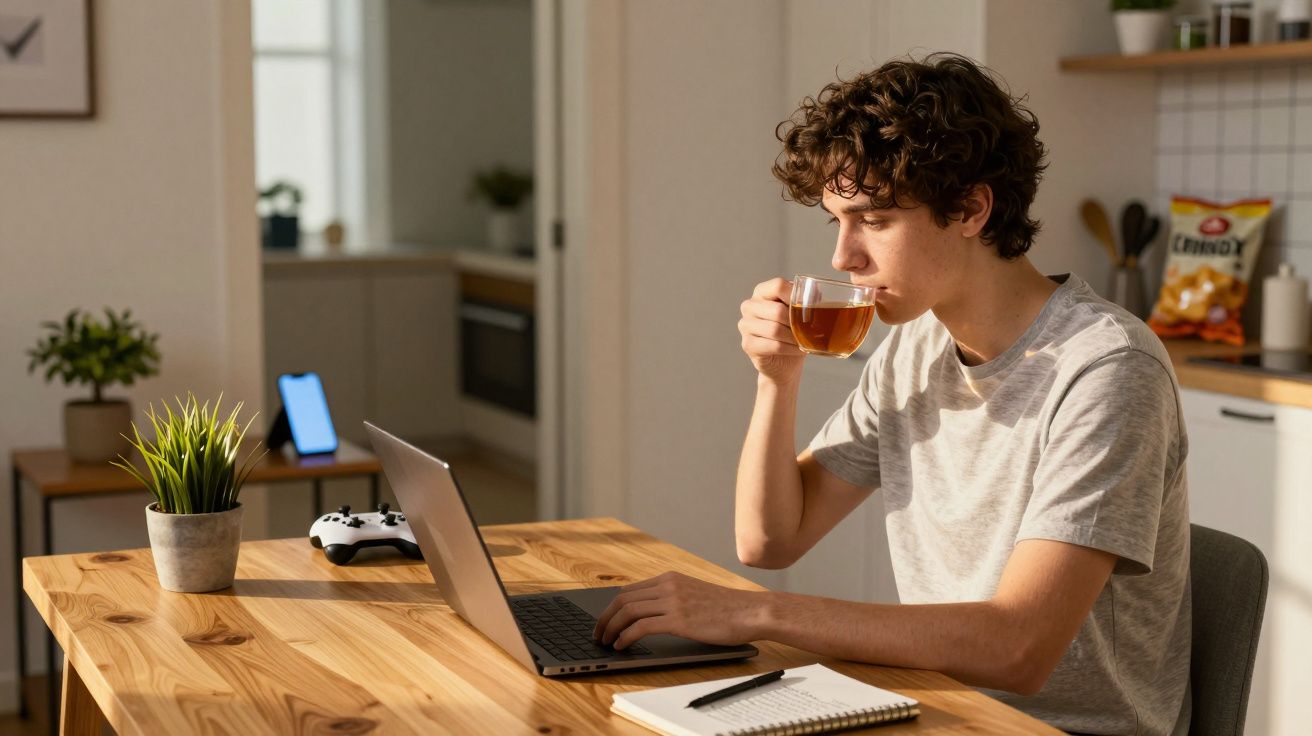 Jovem sentado numa mesa em casa a trabalhar num portátil e a beber chá com caderno e comando de videojogos à frente.
