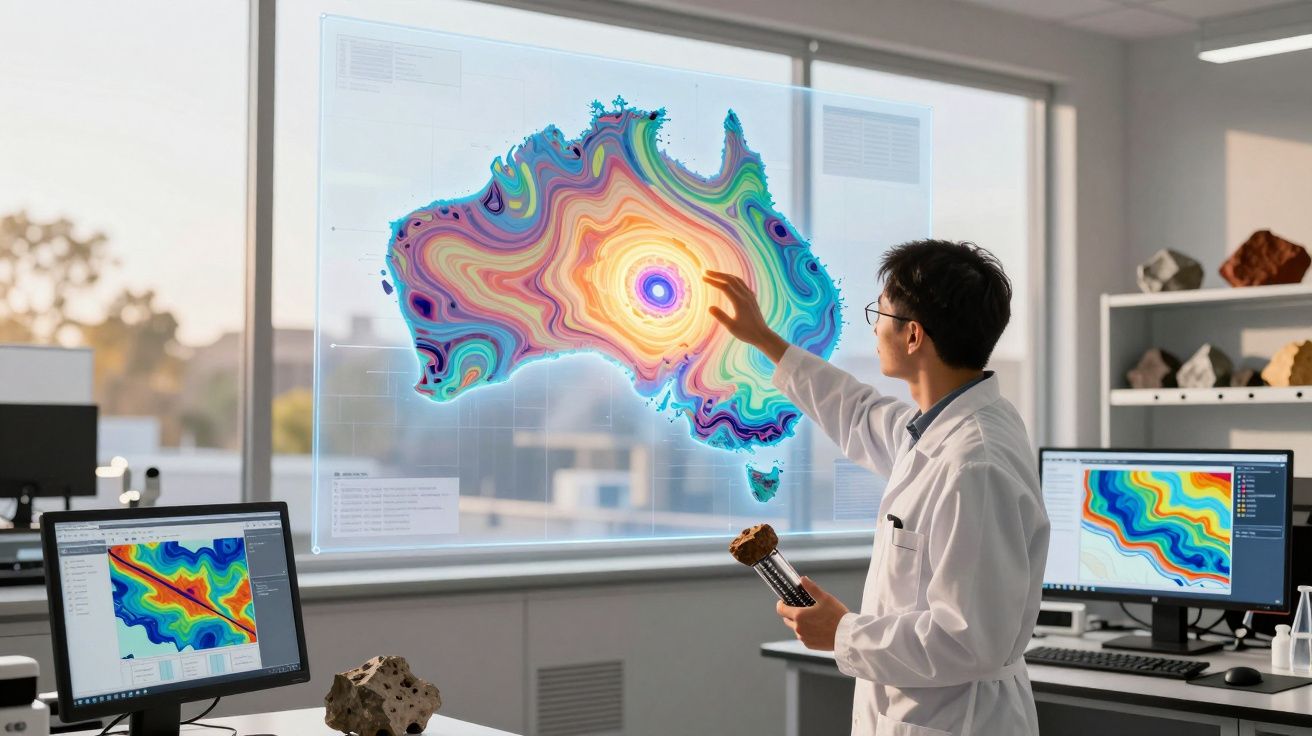Cientista interage com mapa topográfico colorido da Austrália em laboratório moderno com computadores e amostras geológicas.