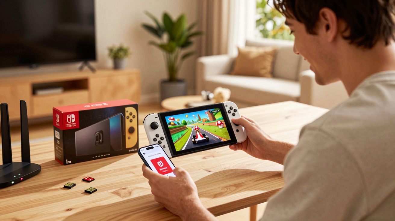 Jovem a jogar videojogo de corrida numa consola portátil Nintendo Switch na sala de estar.