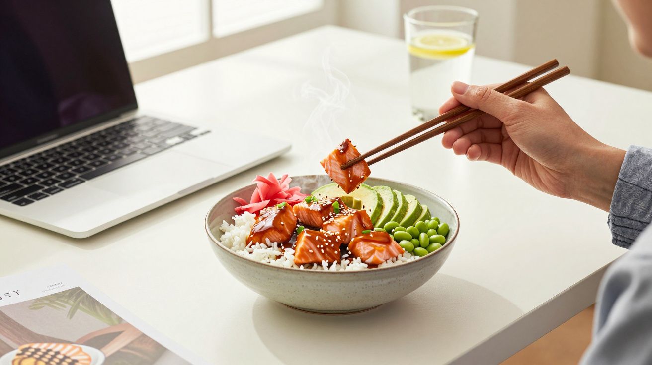 Pessoa a comer poke bowl com salmão, abacate, arroz e edamame, ao lado de computador portátil.