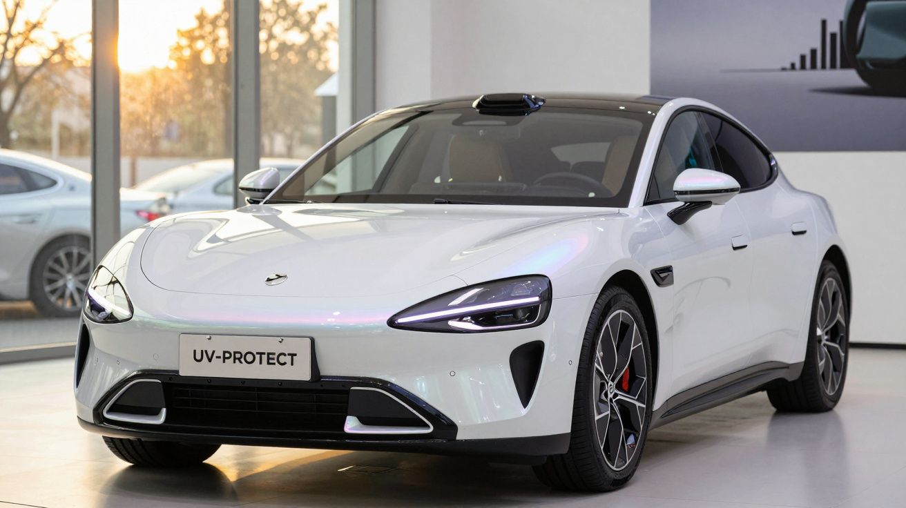 Carro elétrico branco moderno exposto em sala com iluminação natural ao fundo.