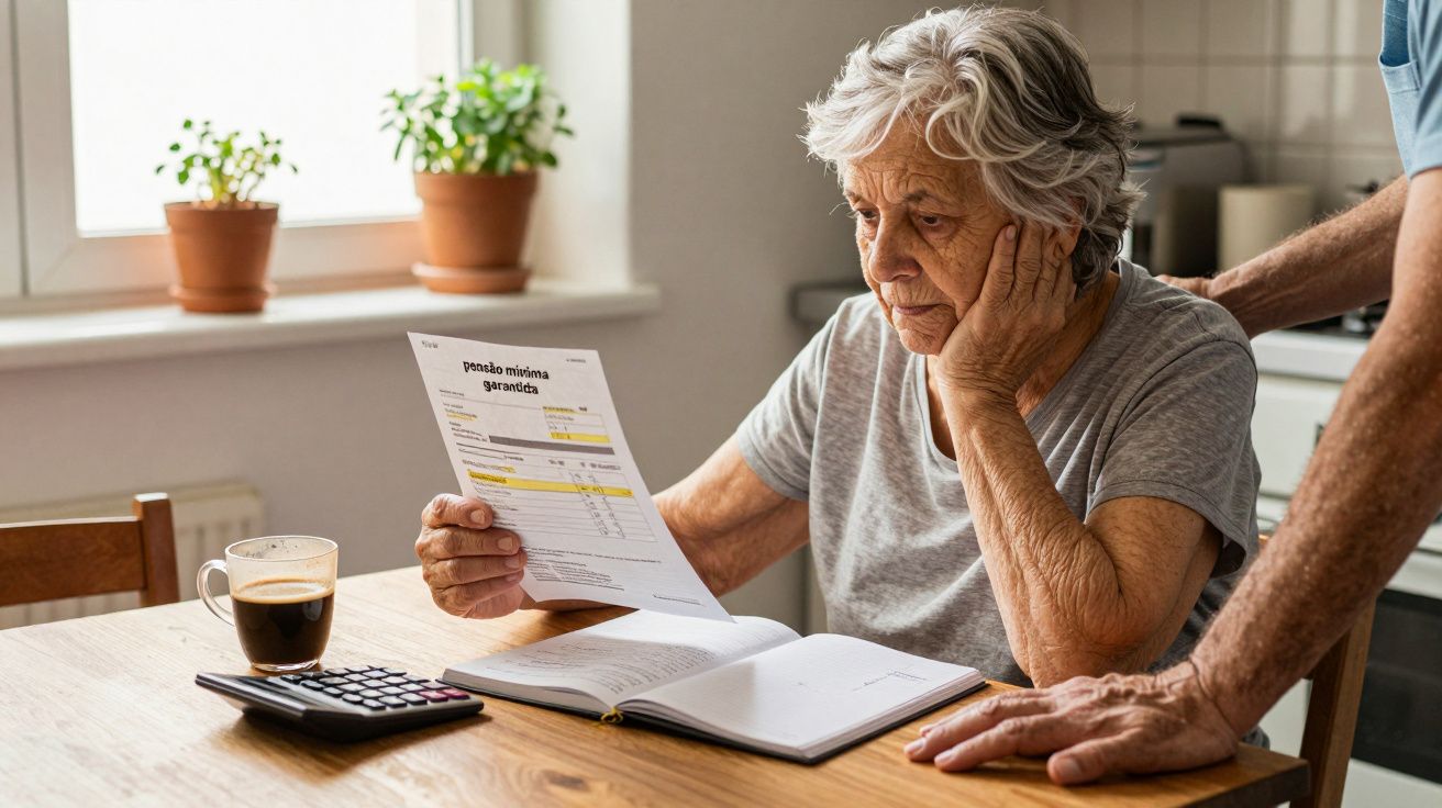 Idosa preocupada a ler documento sobre pensão, com uma chávena de café e uma calculadora na mesa, ao lado de alguém.