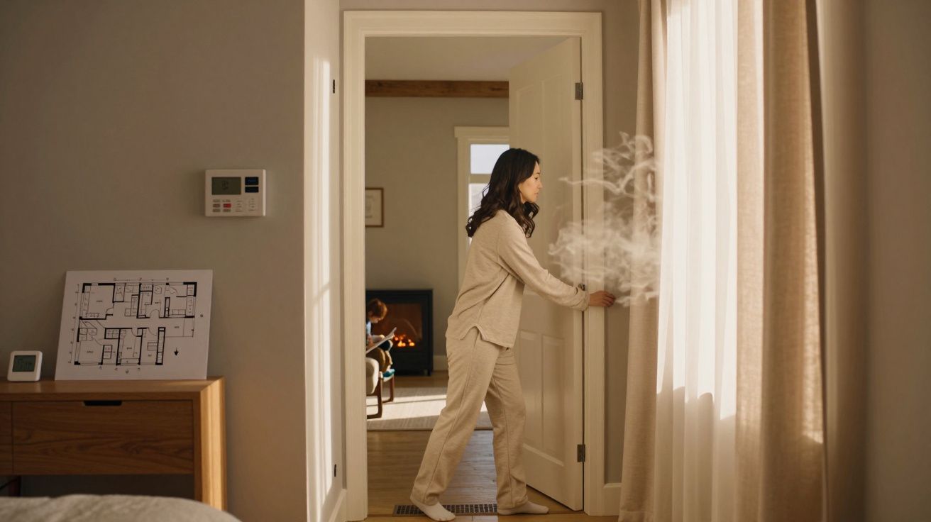 Mulher de pé abre janela para arejar quarto em casa com luz natural e decoração acolhedora.