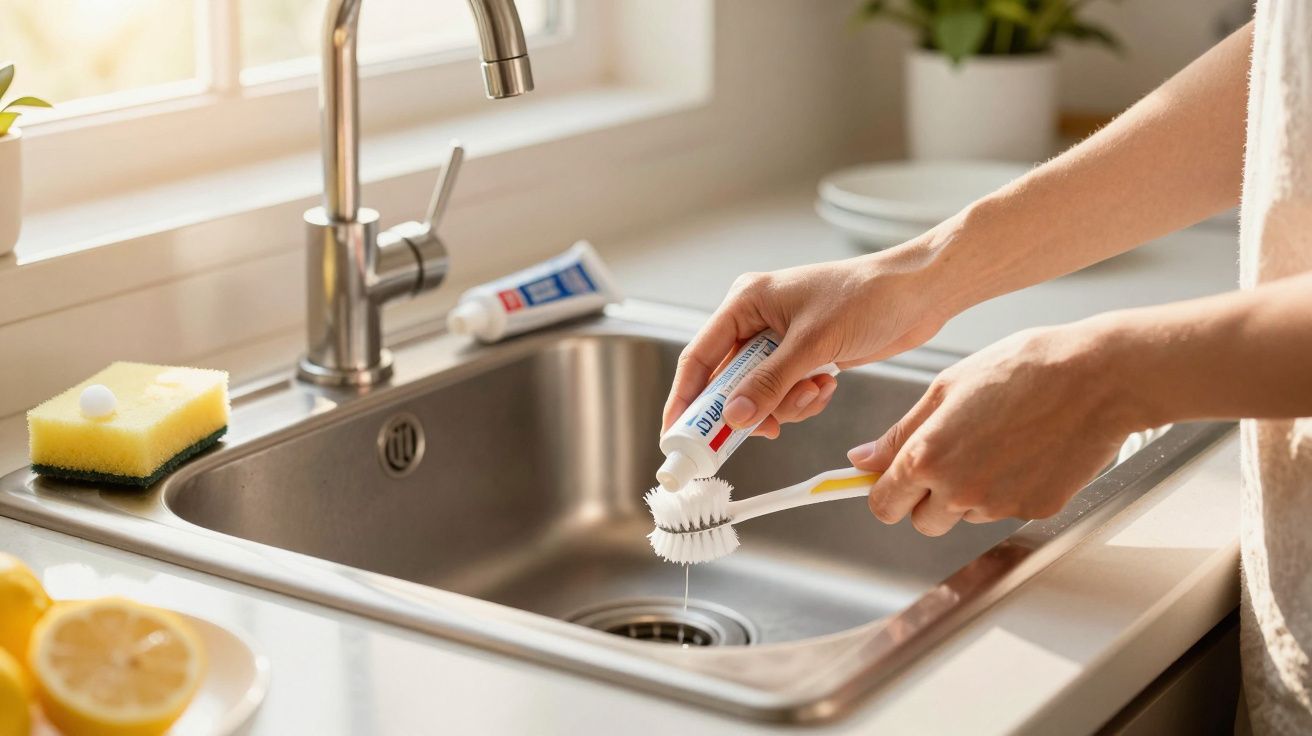 Pessoa a colocar pasta dentífrica numa escova de dentes branca junto a uma pia de cozinha em aço inoxidável.