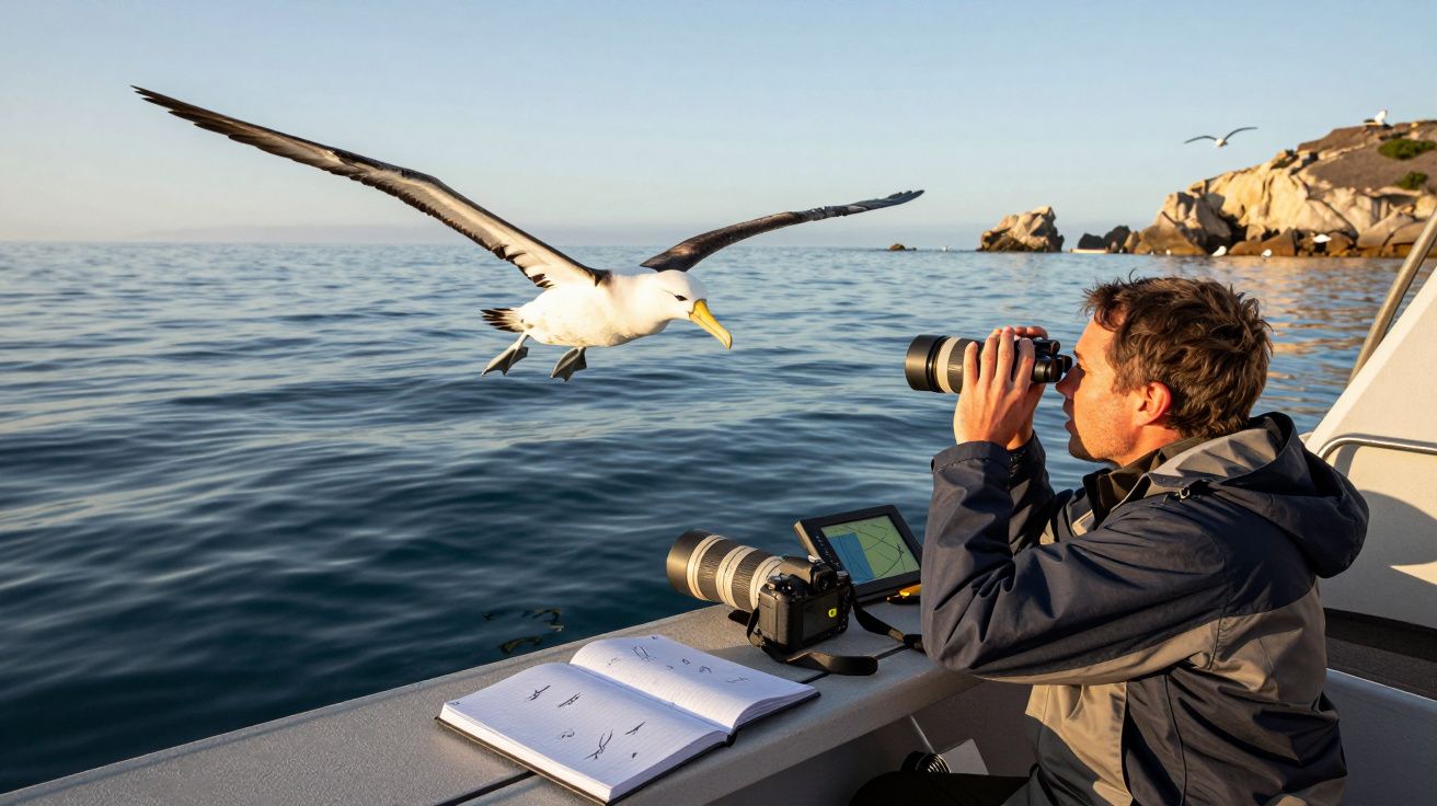 Homem numa embarcação observa com binóculos um albatroz voando perto do mar calmo e rochas ao fundo.