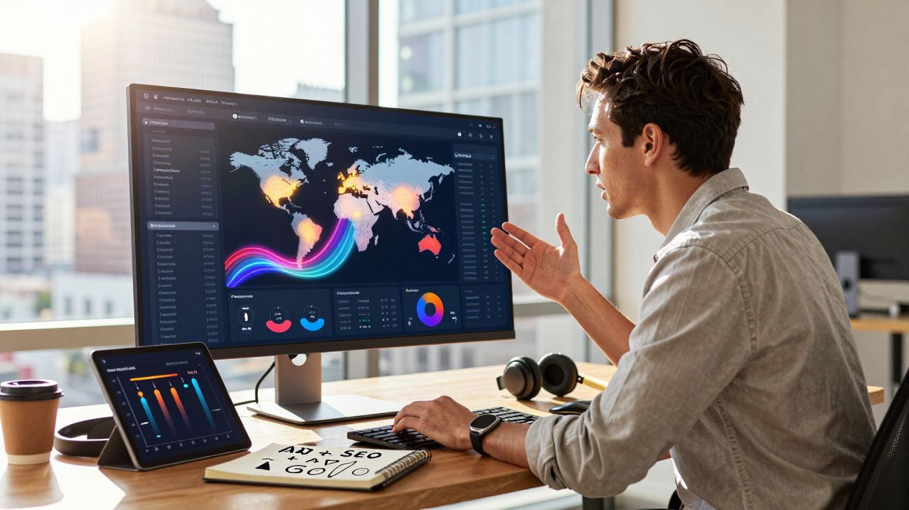 Homem a analisar dados e gráficos de redes globais num ecrã de computador numa sala de escritório moderna.