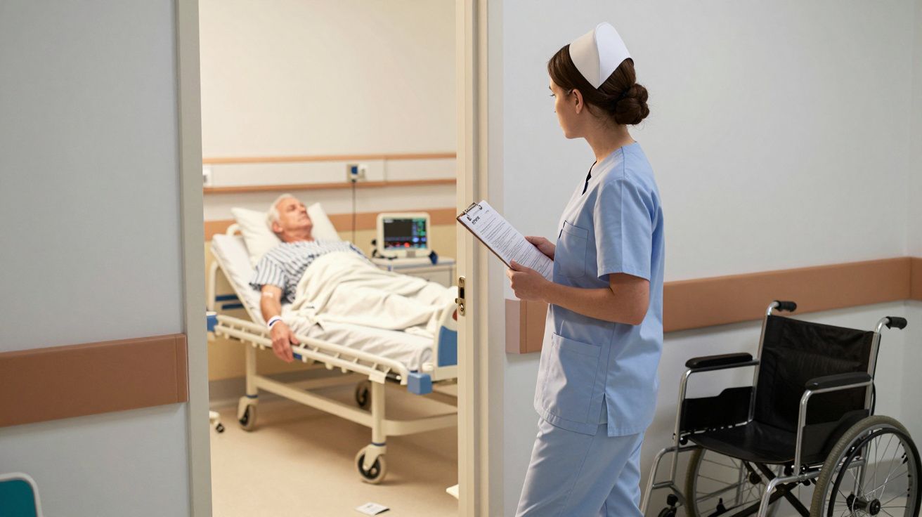 Enfermeira com uniforme azul a ler prontuário numa porta de quarto de hospital onde paciente idoso está na cama.