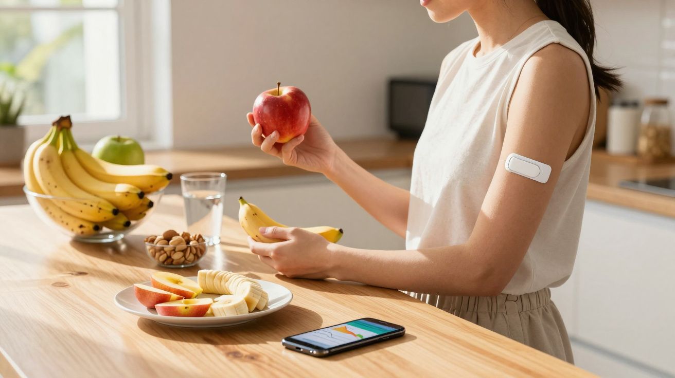Mulher com sensor no braço segura maçã e banana enquanto está numa cozinha com frutas e telemóvel na mesa.