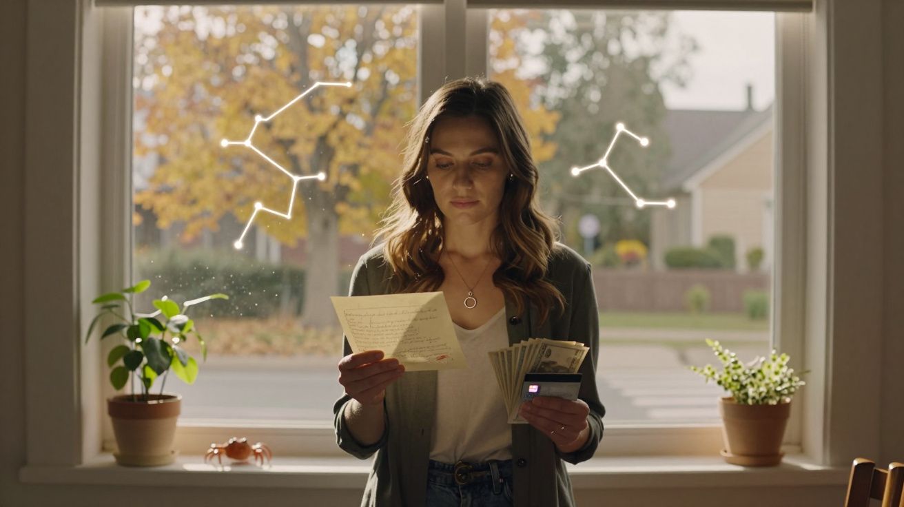 Mulher de pé junto a janela, a ler carta e a segurar dinheiro, com plantas e constelações desenhadas no vidro.