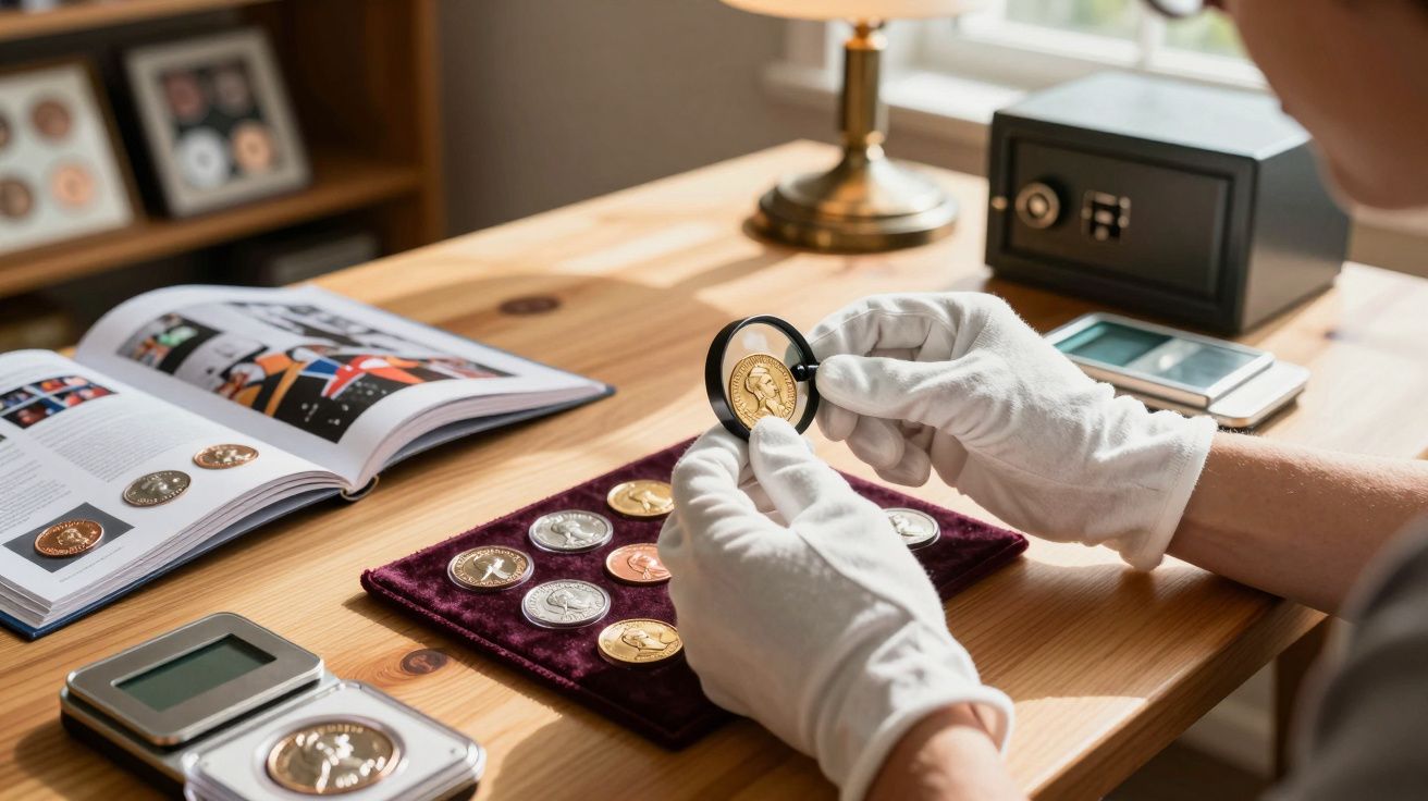Pessoa com luvas a examinar moeda de ouro numa lupa, com coleção de moedas e livro aberto numa secretária.