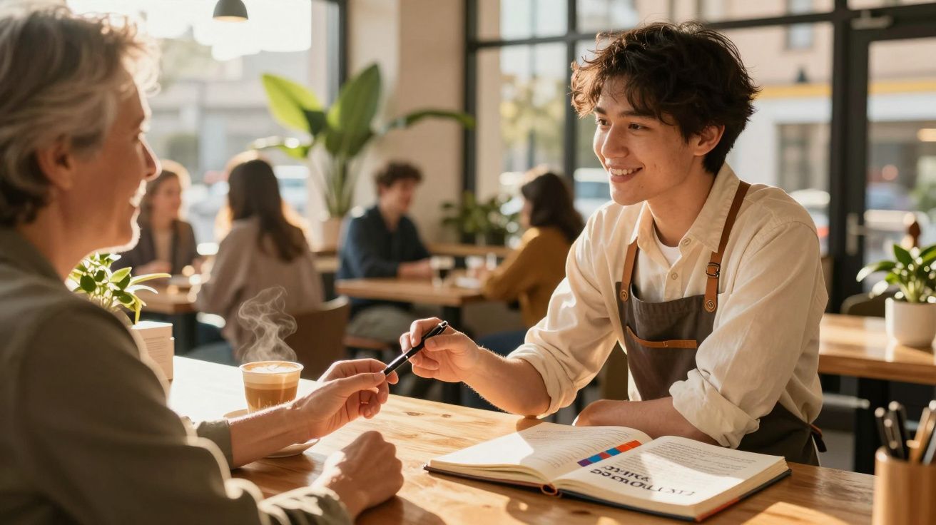 Atendente jovem sorridente entrega caneta a cliente idoso num café com luz natural e ambiente descontraído.