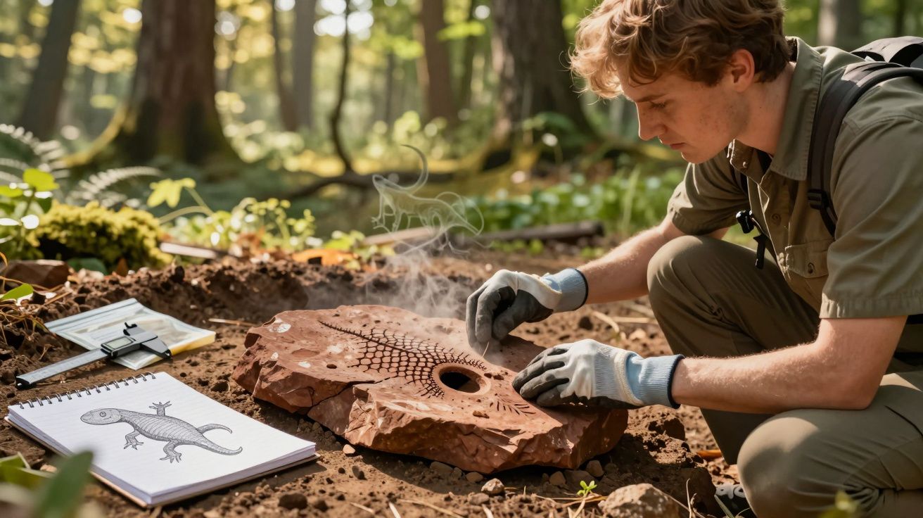 Arqueólogo a escavar um fóssil de réptil num bloco de pedra em floresta iluminada pelo sol.