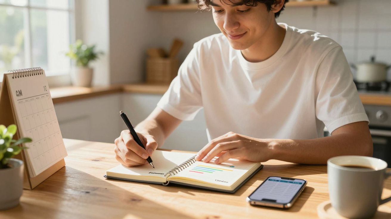 Jovem a escrever num caderno numa mesa com um calendário, telemóvel e caneca de café perto.