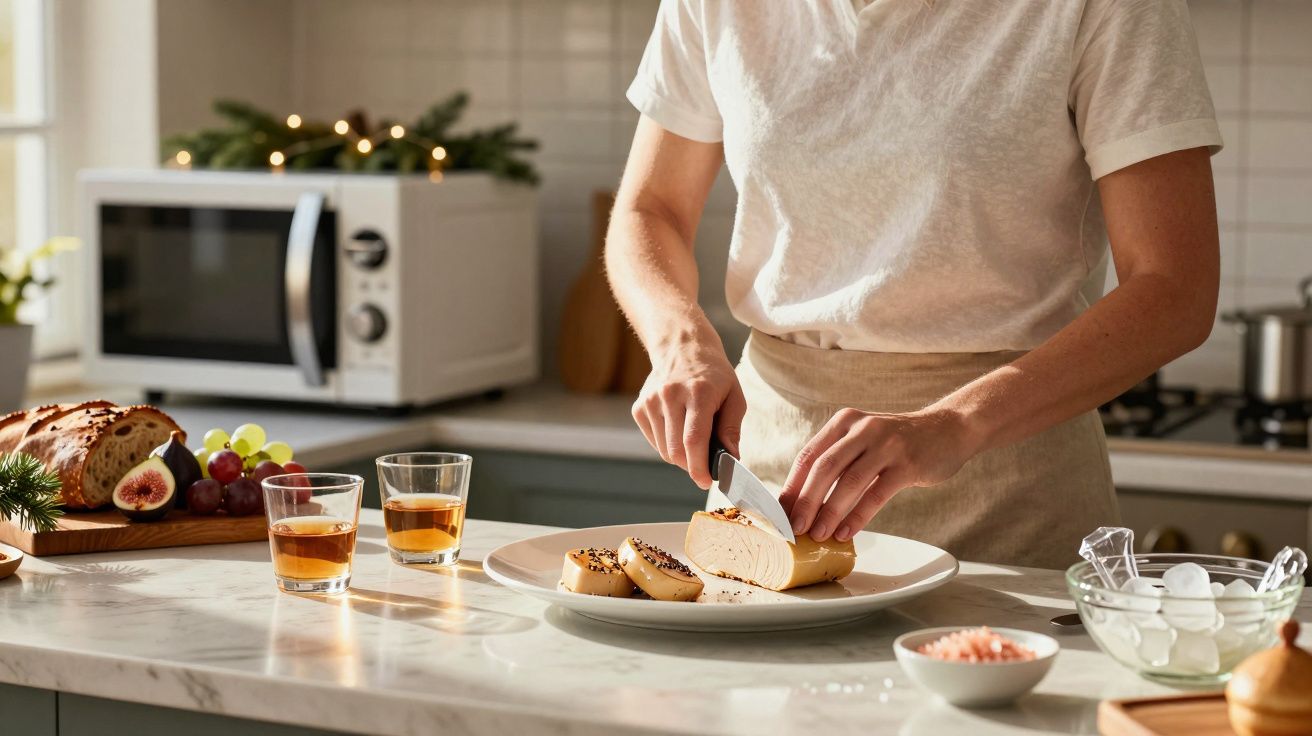 Pessoa a cortar queijo numa cozinha moderna com pão, fruta e bebidas sobre o balcão.
