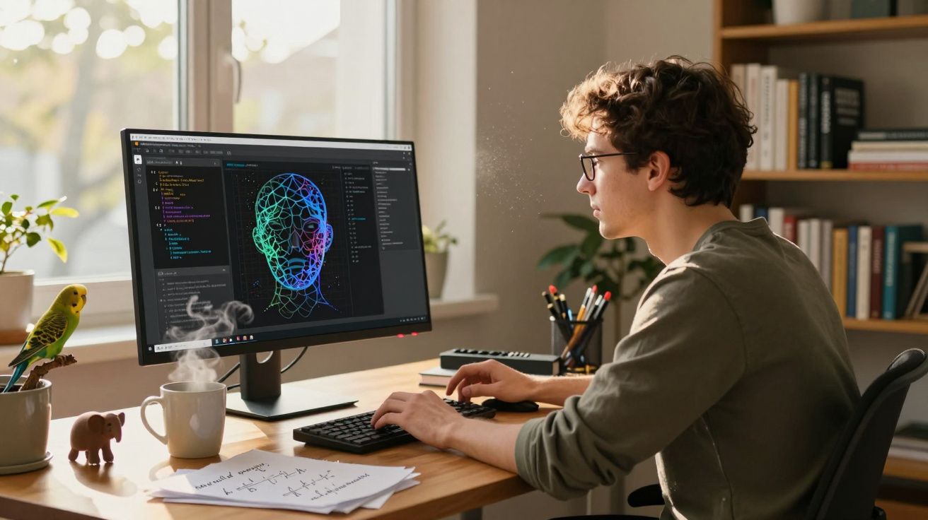 Jovem a programar modelo 3D de rosto no computador numa secretária com livros, plantas e objetos pessoais.