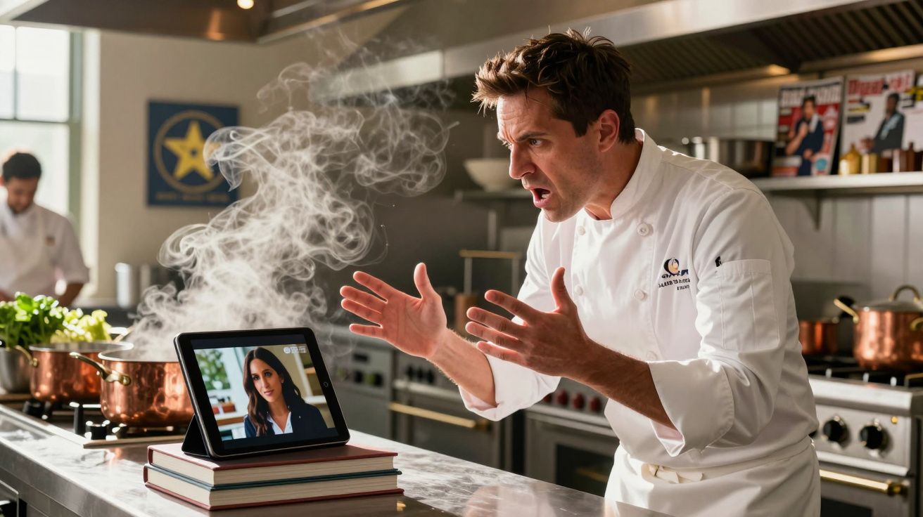 Chef frustrado fala em videochamada enquanto vapor sobe de panelas numa cozinha profissional moderna.