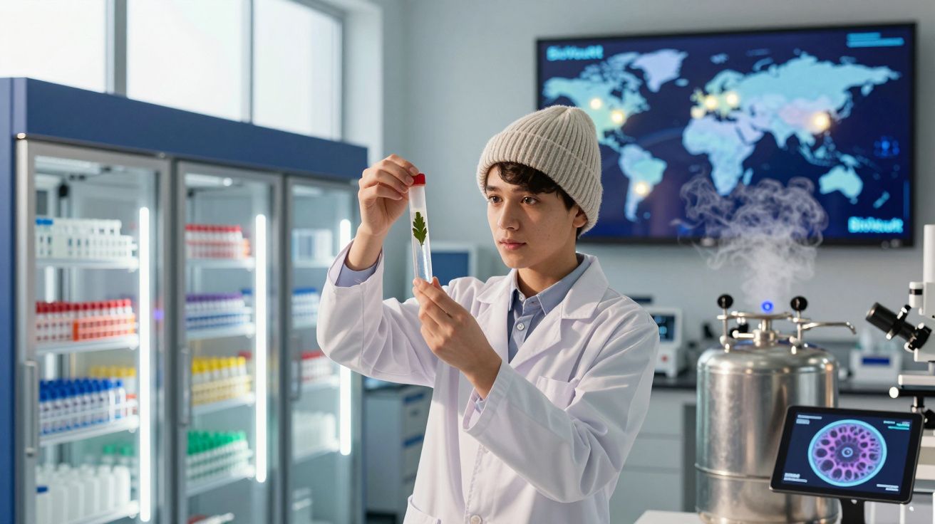 Jovem cientista em laboratório a analisar folha dentro de tubo de ensaio com ecrãs e equipamentos tecnológicos.