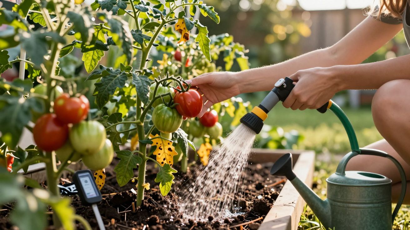 Pessoa a regar tomateiros num jardim com regador verde e manga de pulverização.