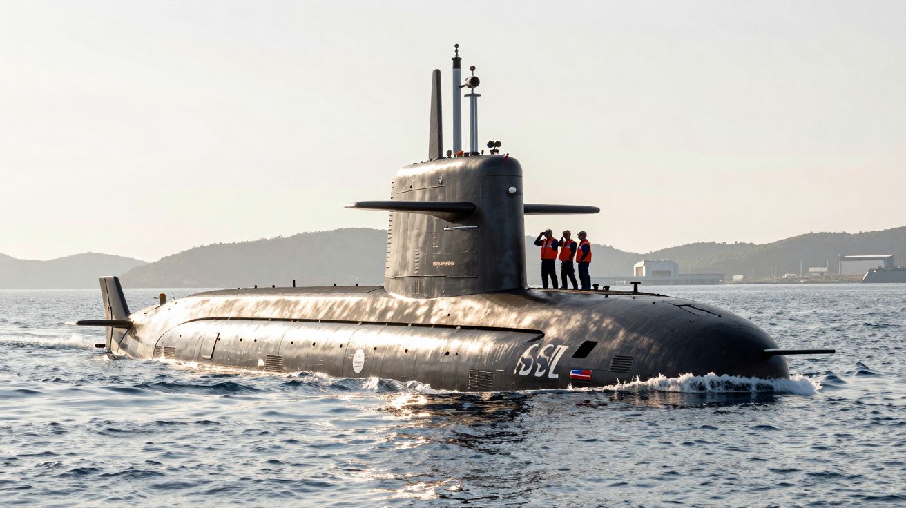 Submarino preto com três pessoas em pé no convés, navegando em águas calmas com montanhas ao fundo.