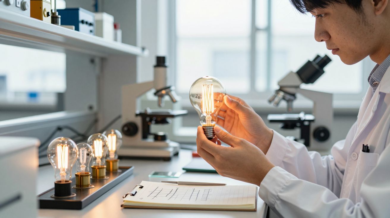 Homem de bata branca examina lâmpada incandescente numa bancada de laboratório com microscópios e notas.
