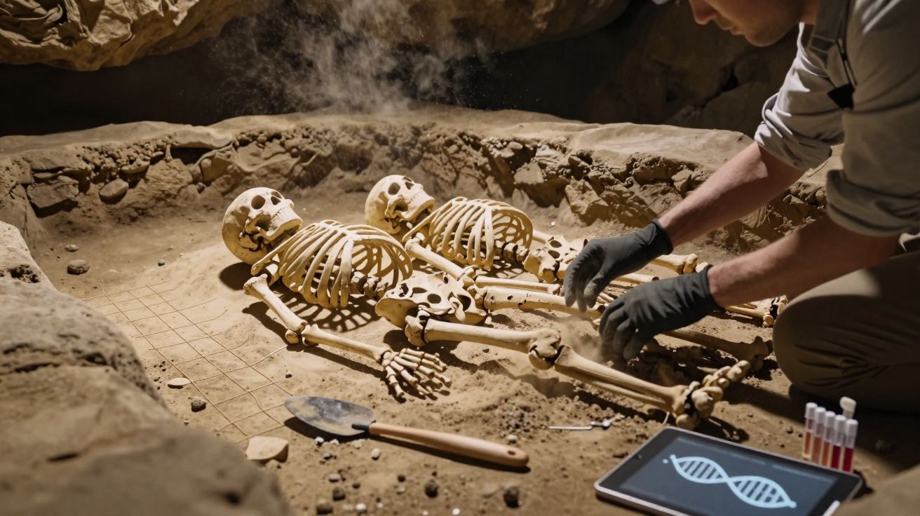 Arqueólogo escava dois esqueletos humanos lado a lado numa cova, com ferramentas e tablet à mostra.