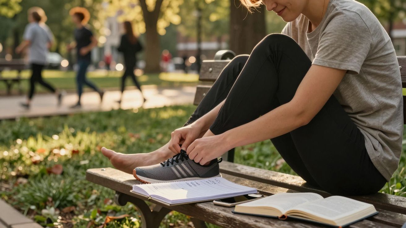 Pessoa sentada num banco no parque a calçar ténis, com livros e telemóvel ao lado.