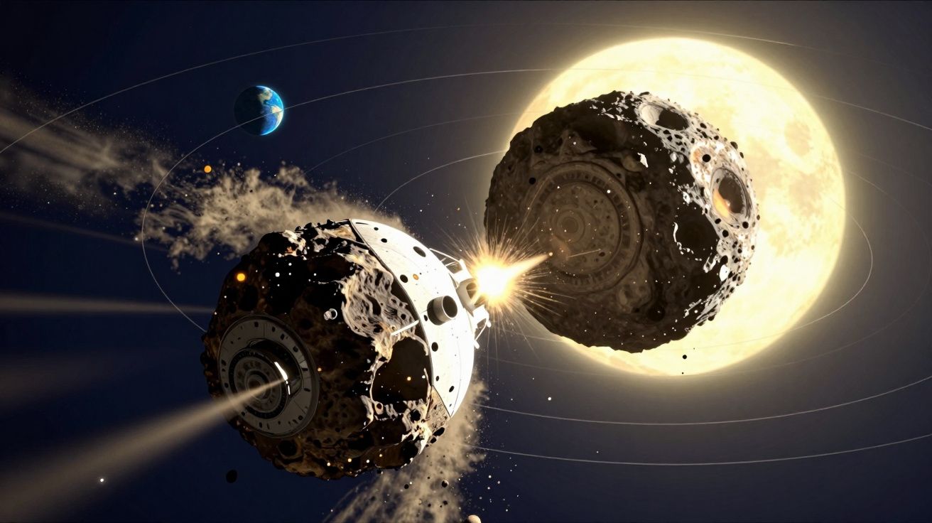 Colisão de dois asteroides com mecanismos metálicos em órbita perto da Terra e do Sol brilhante.
