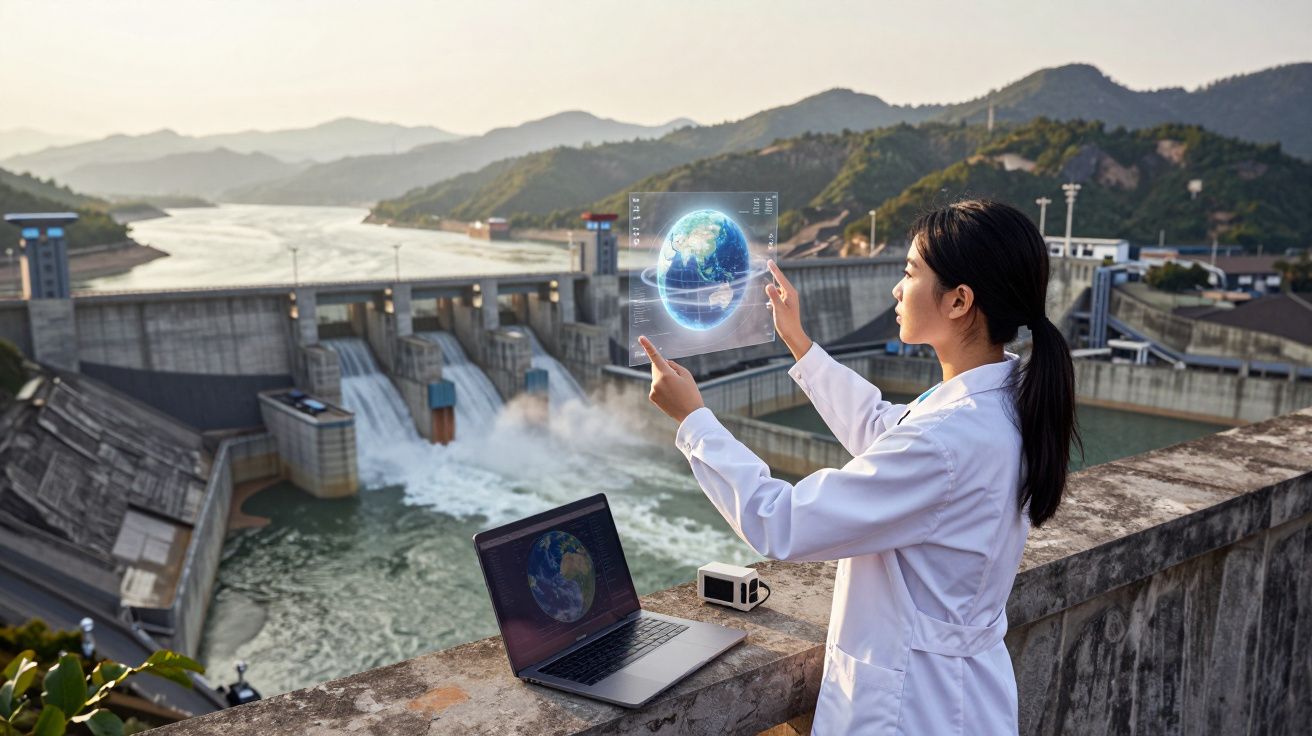 Engenheira com blazer branco num açude, a interagir com projeção digital do planeta Terra, computador aberto ao lado.