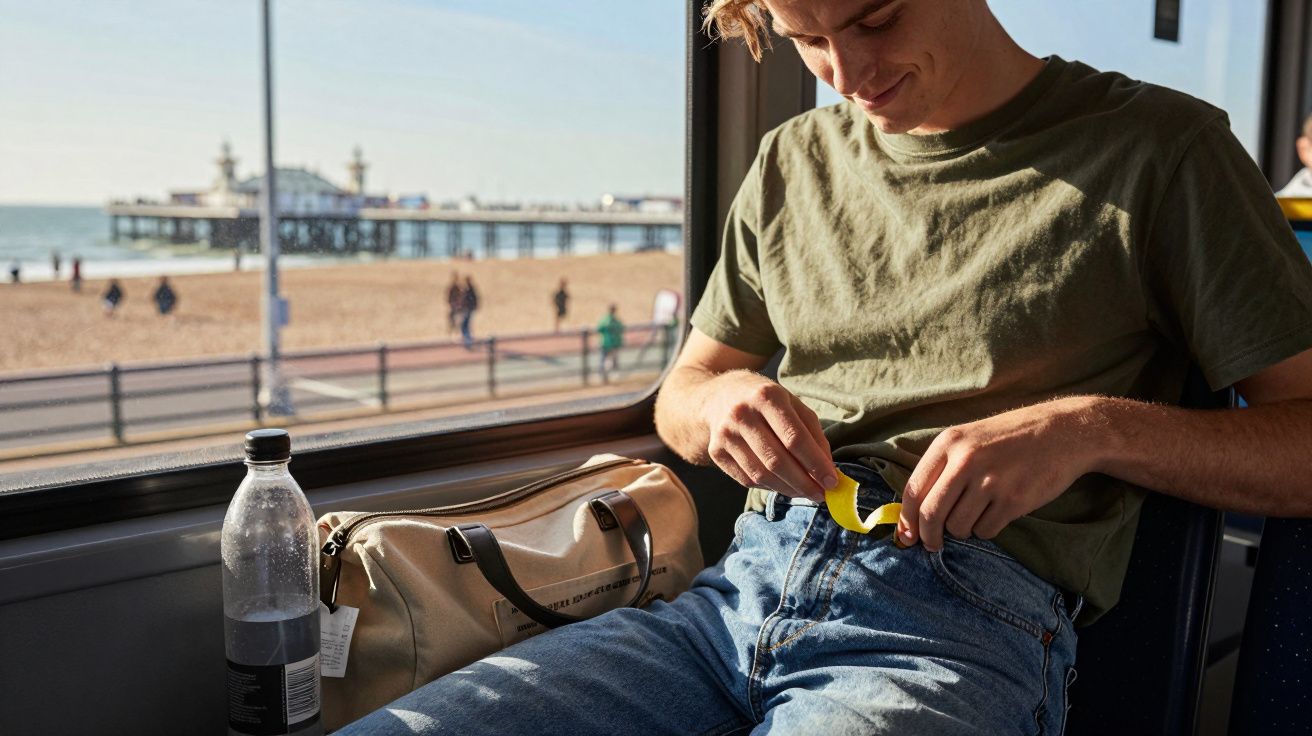 Rapaz sentado num comboio junto à janela, com praia e cais ao fundo, a tirar um objecto do bolso.