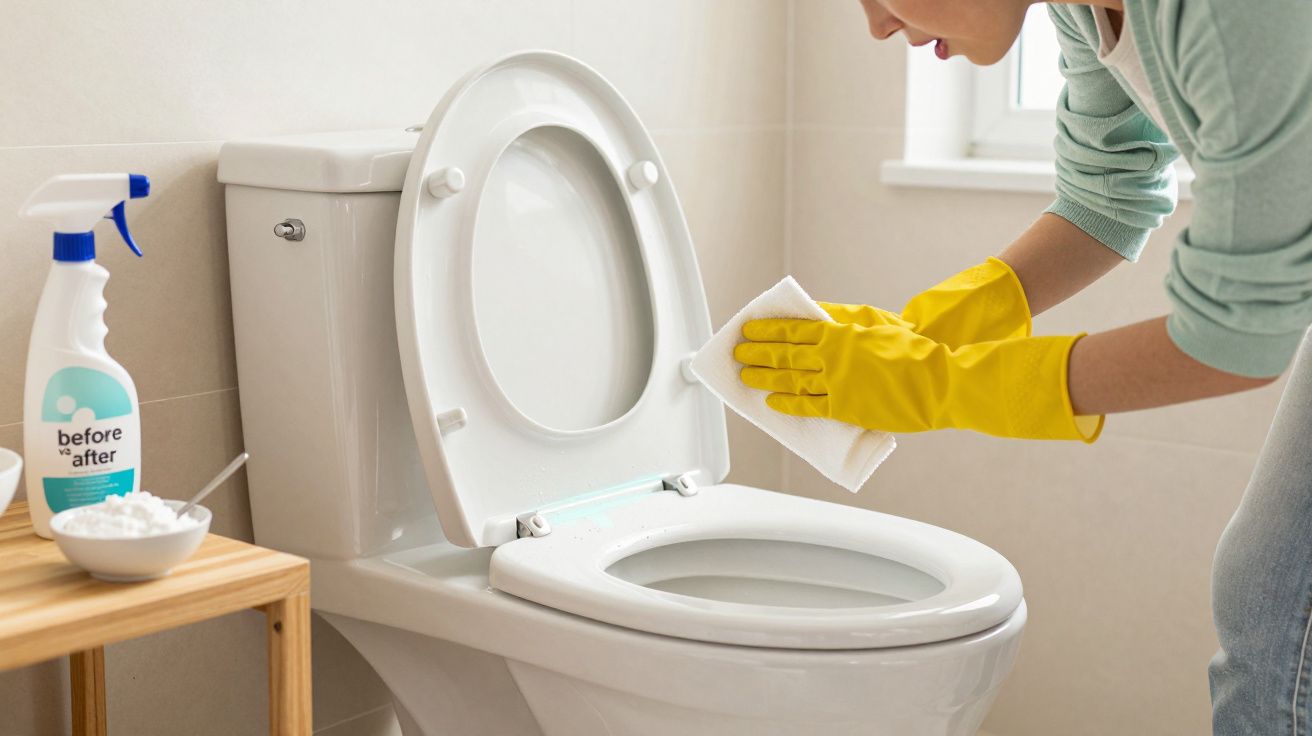 Pessoa a limpar a sanita branca com luvas amarelas e pano num casa de banho iluminada.