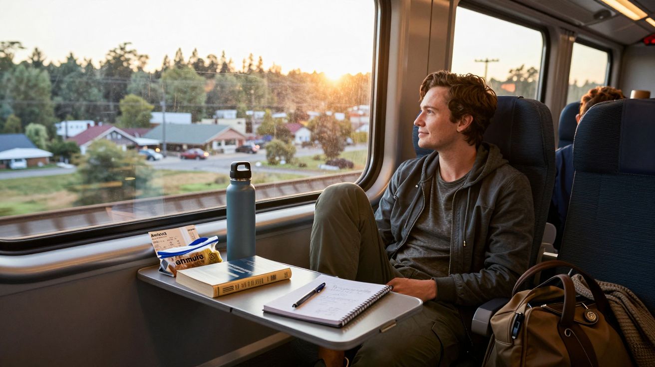 Homem sentado no comboio a olhar pela janela durante o pôr do sol com livros e caderno na mesa.