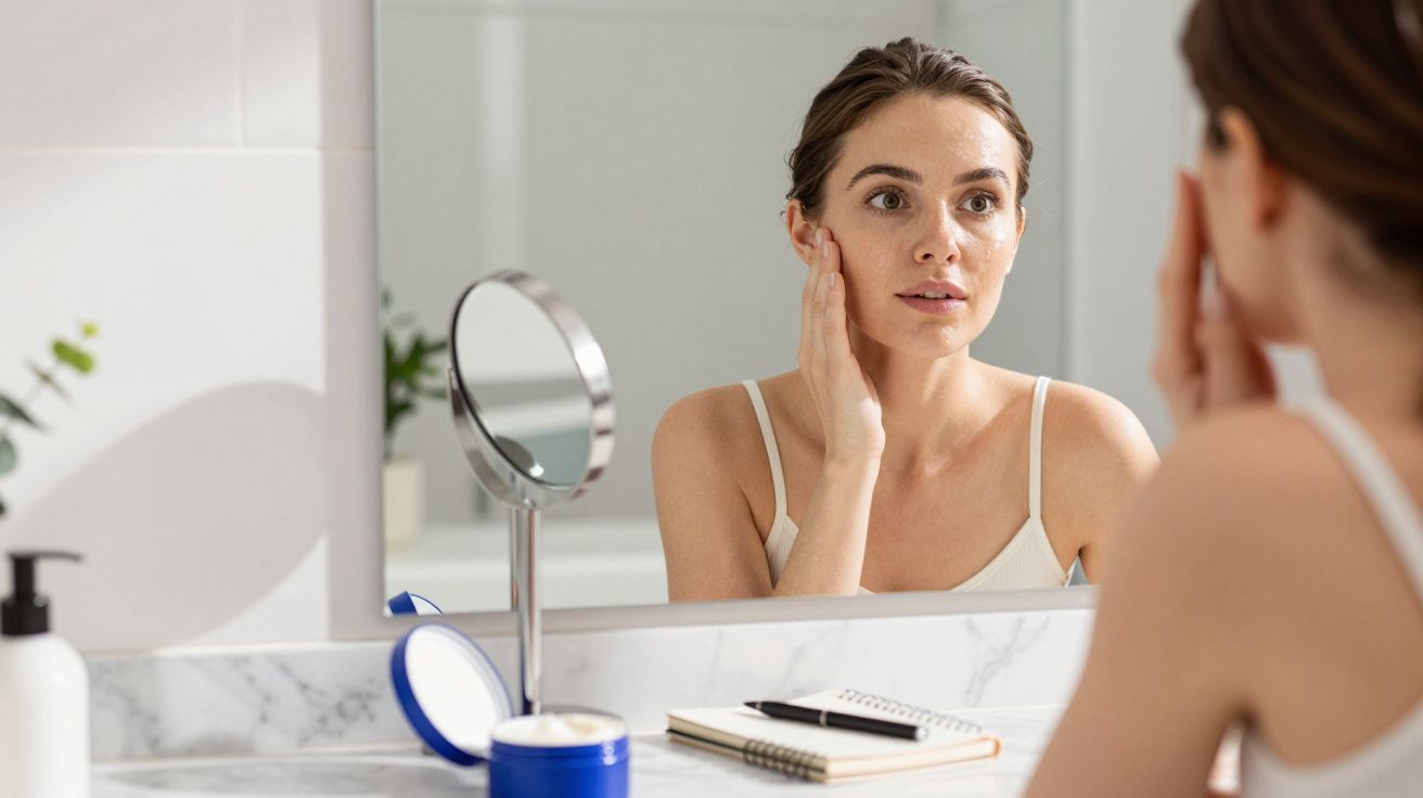 Mulher a aplicar creme no rosto em frente ao espelho numa casa de banho moderna.