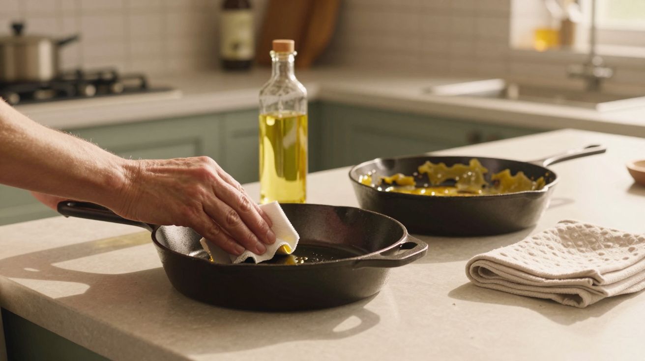 Pessoa a limpar frigideira de ferro numa cozinha moderna com óleo e alimentos ao fundo.