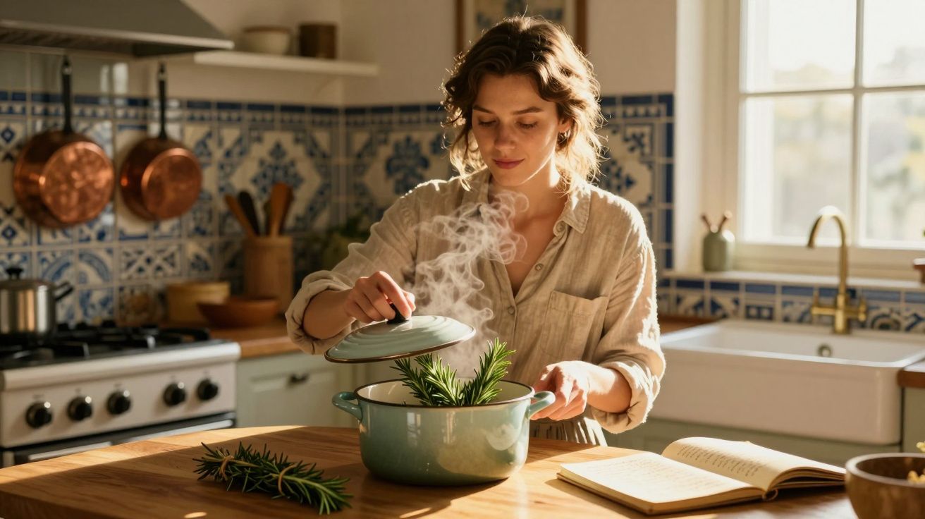 Mulher a cozinhar com ervas aromáticas numa panela numa cozinha iluminada pelo sol.