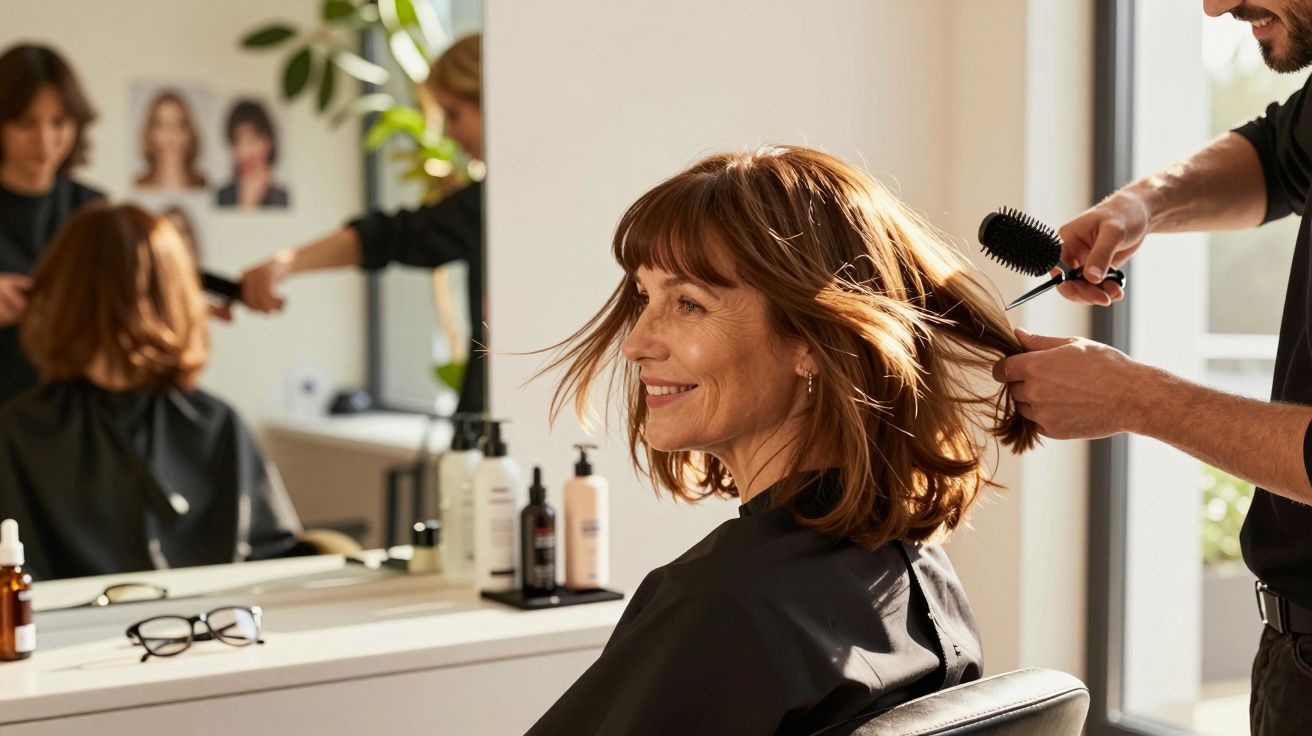 Mulher sorridente sentada num salão de cabeleireiro a ser penteada por um profissional.