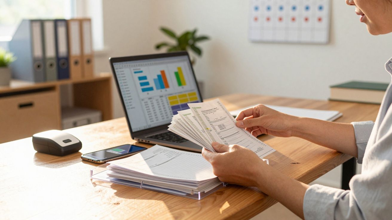 Pessoa a analisar faturas junto a computador portátil com gráficos num escritório bem iluminado.