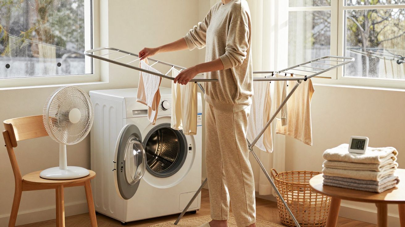 Pessoa a estender roupa numa divisória de secagem junto a uma máquina de lavar roupa numa casa iluminada.