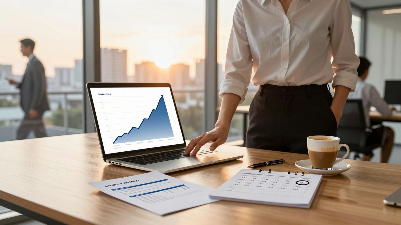 Pessoa em escritório com gráfico de crescimento no ecrã do portátil, documentos e café na mesa.