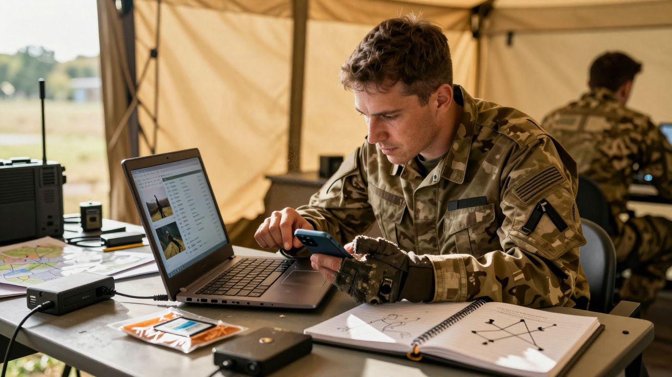 Soldado em uniforme camuflado usa telemóvel ao lado de computador portátil e caderno com desenhos, dentro de tenda militar.