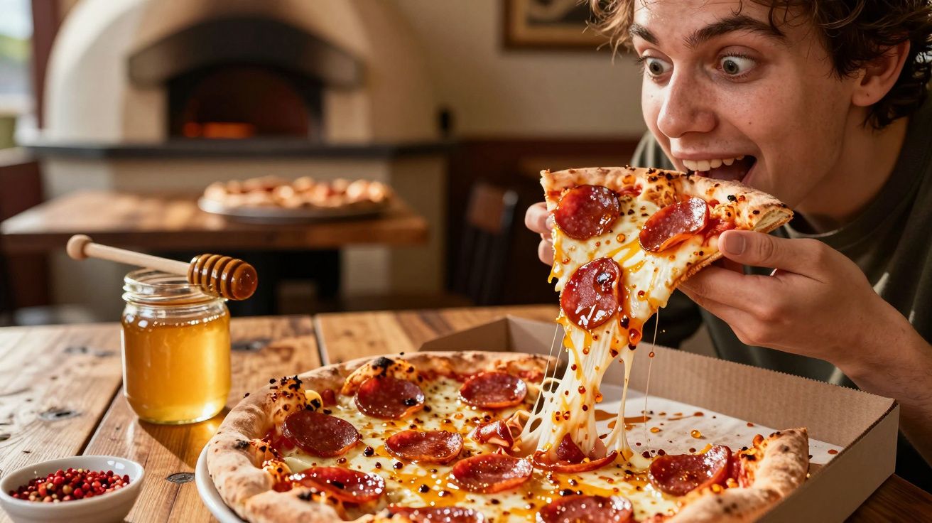 Jovem a saborear uma fatia de pizza de pepperoni com mel a pingar, num ambiente rústico com forno a lenha ao fundo.