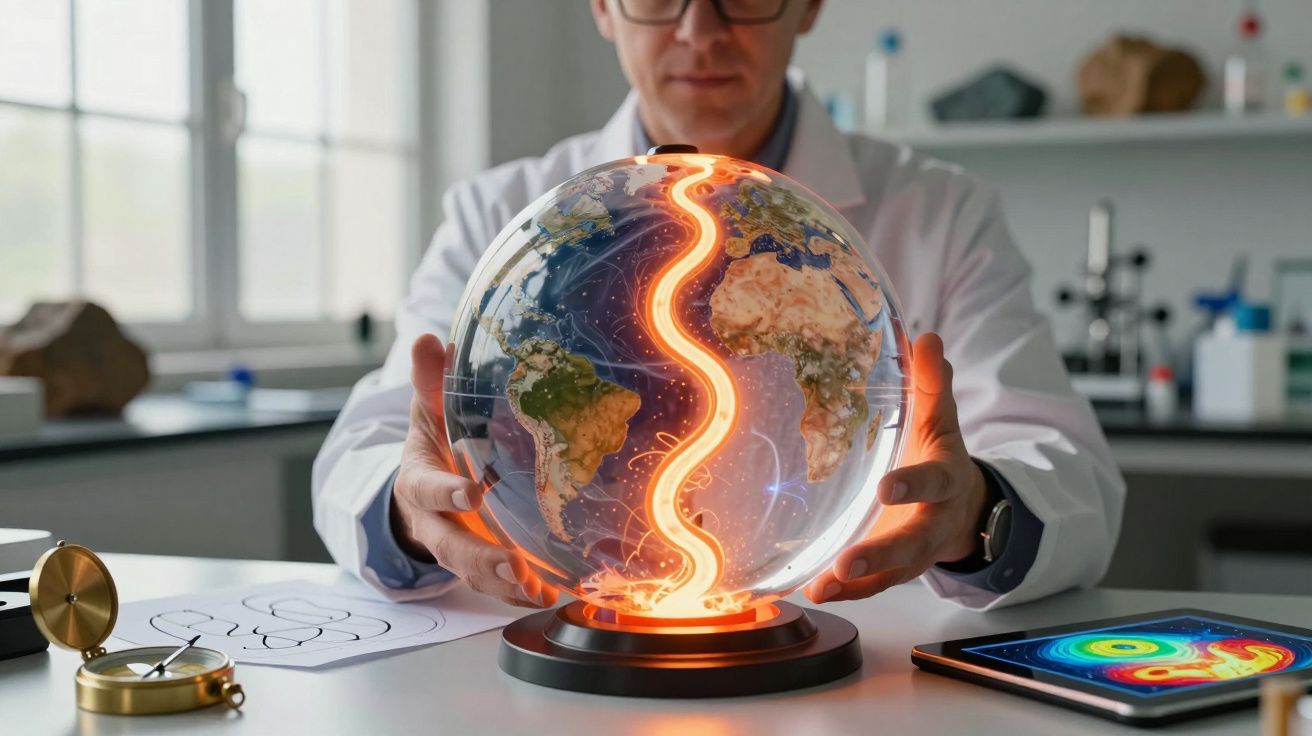 Cientista segura globo terrestre digital com linha luminosa simbolizando falha geológica num laboratório.