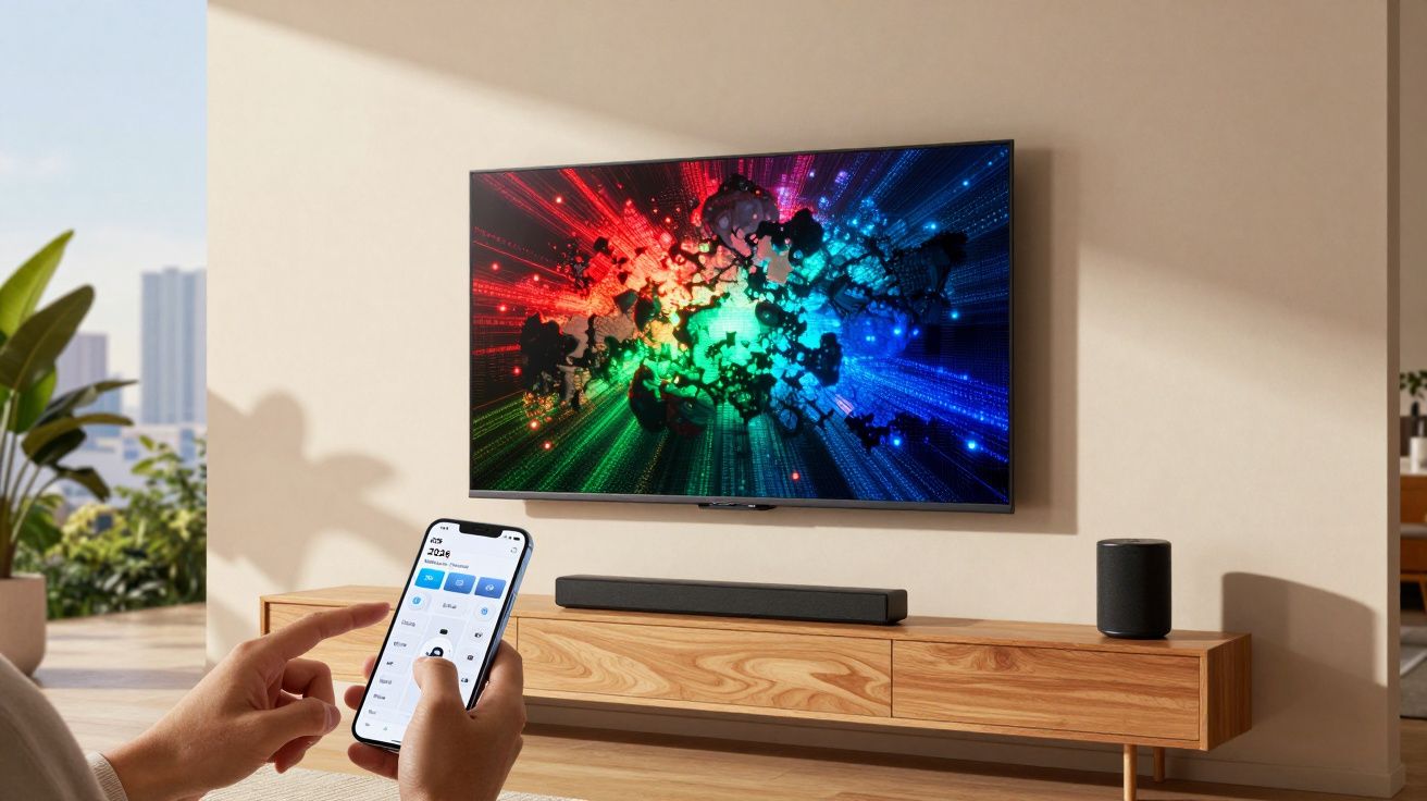 Pessoa controlando TV com smartphone numa sala moderna com móvel de madeira e barra de som preta.