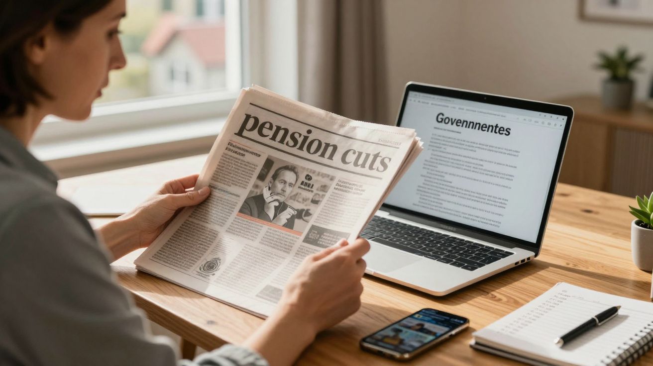 Pessoa a ler jornal com título "pension cuts" sentada à mesa com portátil e telemóvel.