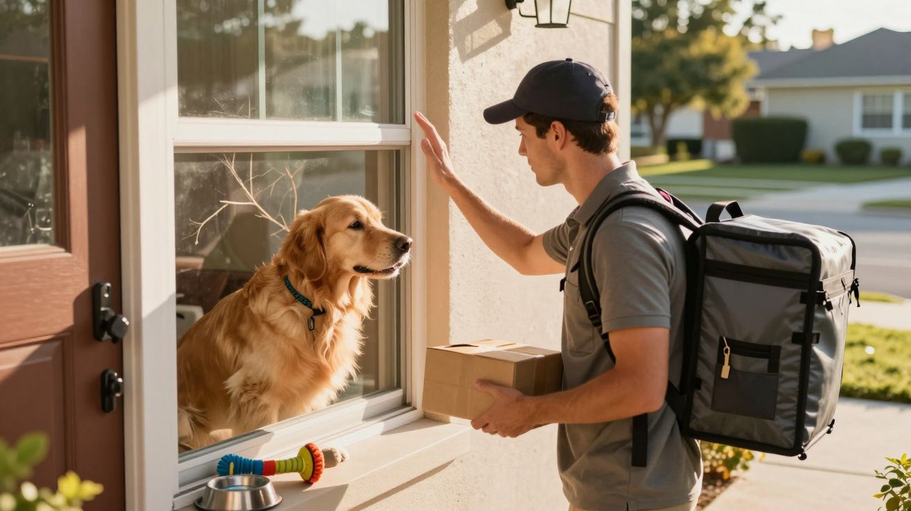 Entregador com mochila cumprimenta um cão golden retriever através de uma janela aberta de uma casa.