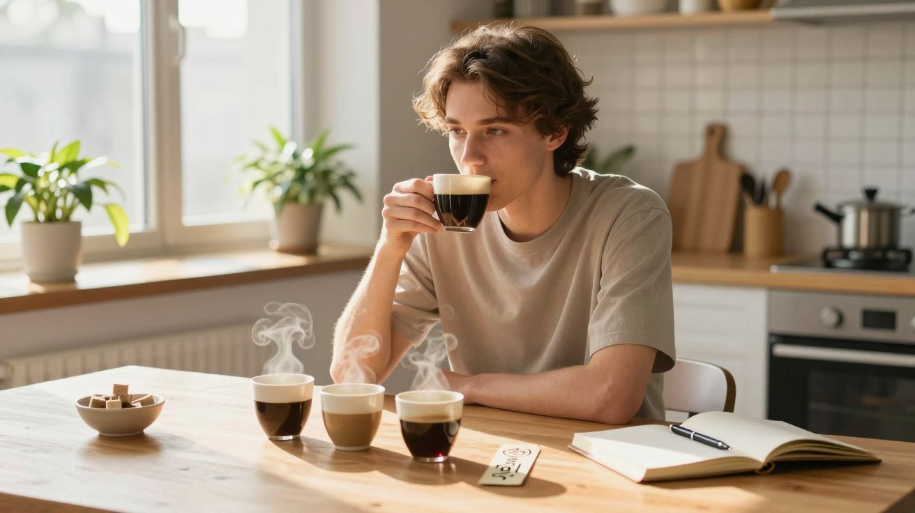 Jovem a provar diferentes cafés numa cozinha luminosa, com livro aberto e quatro chávenas de café fumegantes à frente.