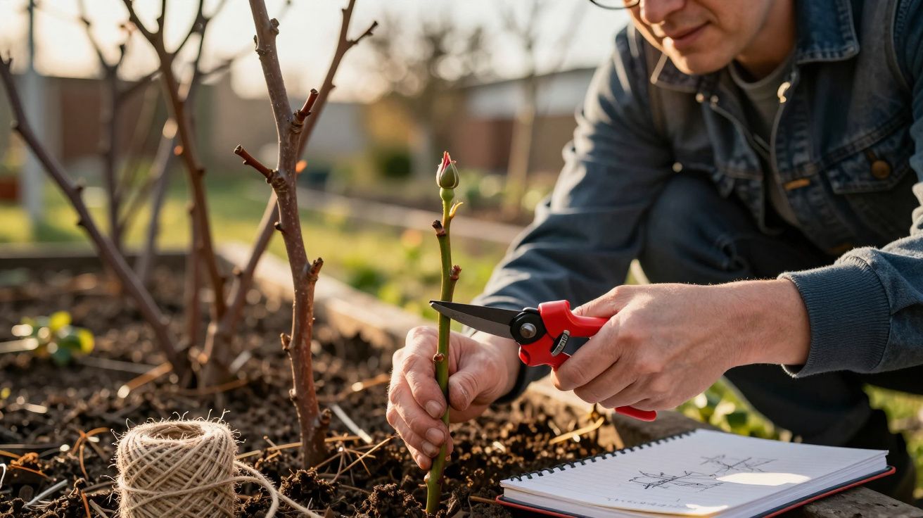 Pessoa a podar um ramo jovem de rosa num jardim, com caderno de notas e fio de atar ao lado.