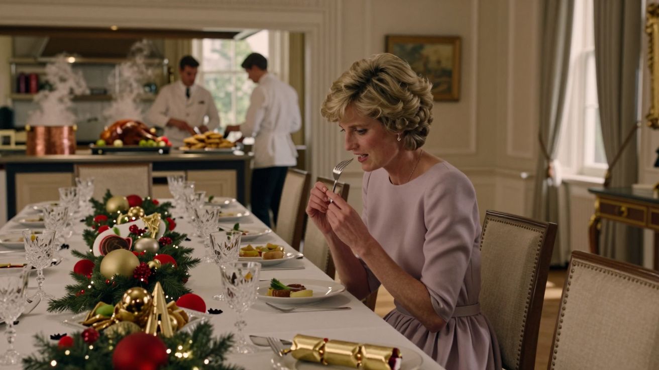 Mulher loira sentada numa mesa de jantar decorada com enfeites natalícios, com dois homens ao fundo.